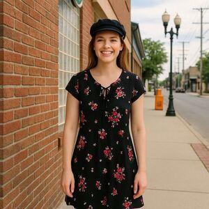 Emaline Dress S Black Pink Floral Cap Sleeve Y2K Romantic 90s Soft Cottagecore